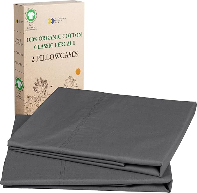 California Design Den 100% Organic Cotton King Size Pillow Case Pair, Set of 2, Soft & Crisp Percale Weave Cotton Pillowcases (Grey)