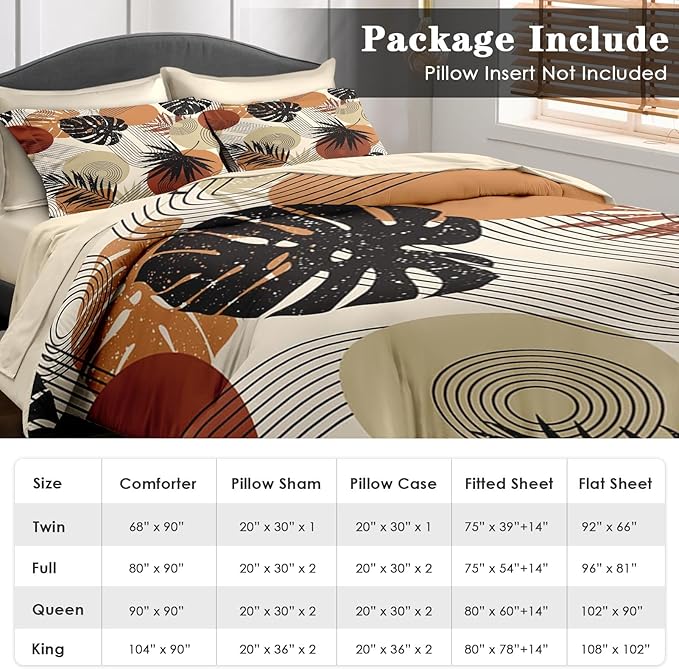Comforter Set King Size, Boho Retro Leaves Beige 7 Pcs Bedding Set for Kids and Adults, Bohemian Tropical Flower Bed Sheet Sets with Fitted Sheet 2 Pillowcase & 2 Sham for Bedroom Bed Decor