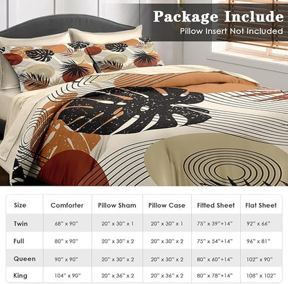 Comforter Set King Size, Boho Retro Leaves Beige 7 Pcs Bedding Set for Kids and Adults, Bohemian Tropical Flower Bed Sheet Sets with Fitted Sheet 2 Pillowcase & 2 Sham for Bedroom Bed Decor