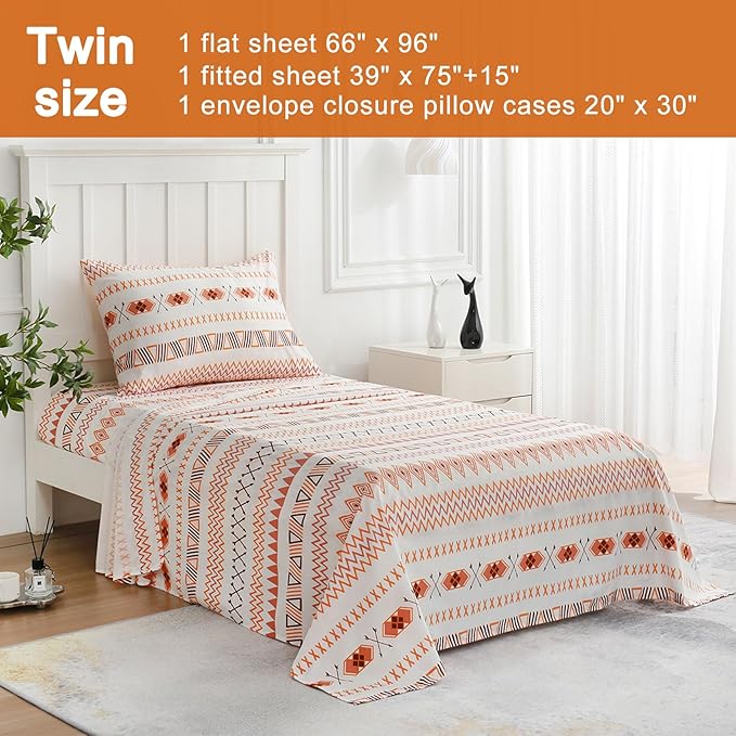JSD Orange Boho Sheet Set Twin Size, Soft Geometric Printed Microfiber Sheets Extra Deep Pocket Wrinkle Free