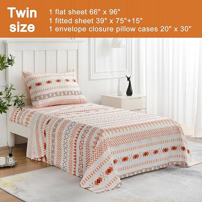 JSD Orange Boho Sheet Set Twin Size, Soft Geometric Printed Microfiber Sheets Extra Deep Pocket Wrinkle Free