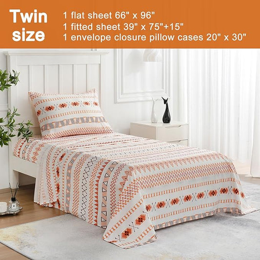 JSD Orange Boho Sheet Set Twin Size, Soft Geometric Printed Microfiber Sheets Extra Deep Pocket Wrinkle Free