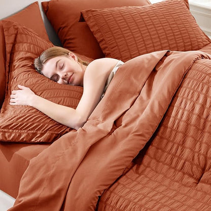 CozyLux Queen Comforter Set Burnt Orange Seersucker 7 Pieces Bed in a Bag Queen Comforter Set with Sheets, Terracotta Luxury Bedding Sets with Down Alternative Comforter, Sheets, Pillowcases & Shams