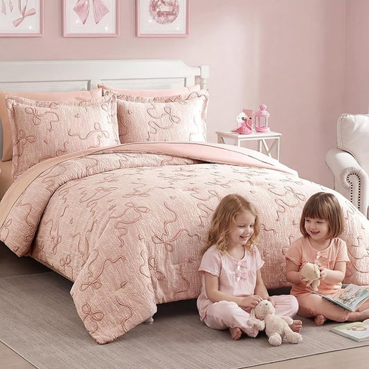Geniospin Orange Pink Queen Comforter Set for Girls- 7 Pieces Bowknot Jacquard Bed in A Bag Queen Bedding Sets with Sheets, Pillowcases & Shams, All Season Kids Comforter Set