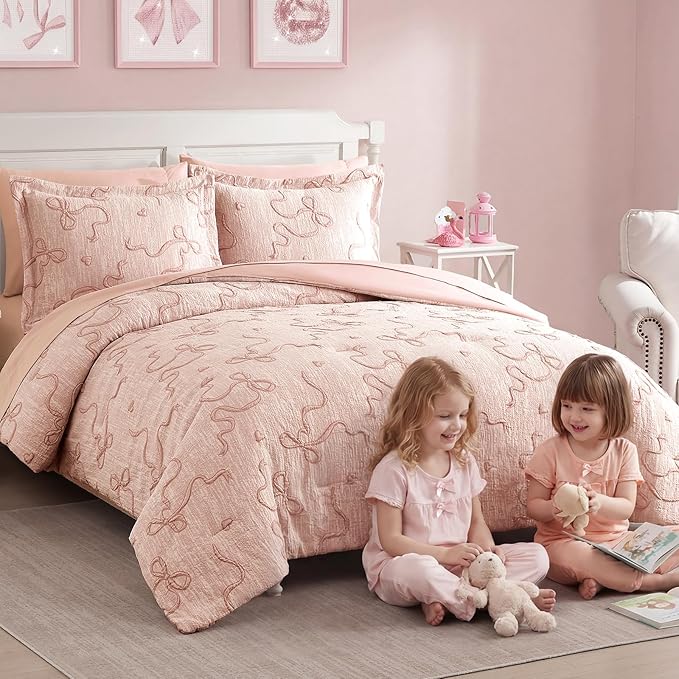 Geniospin Orange Pink Full Comforter Set for Girls- 7 Pieces Bowknot Jacquard Bed in A Bag Full Bedding Sets with Sheets, Pillowcases & Shams, All Season Kids Comforter Set