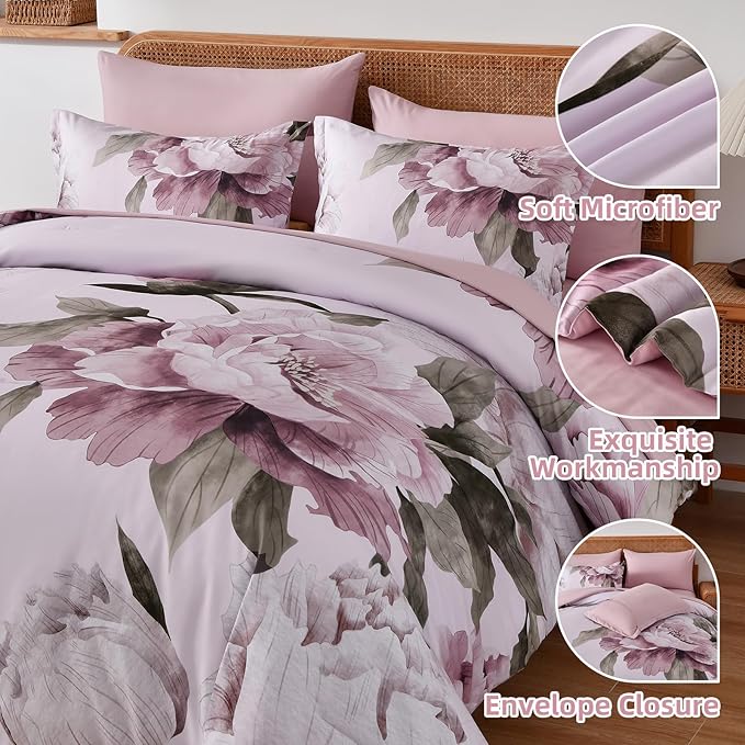 Dobuyly Pink Floral Comforter Set Queen 7 Piece Bed in a Bag, Blush Flowers Printed on Light Pink Comforter Set with Sheets, Soft Microfiber Botanical Bedding Set for All Season