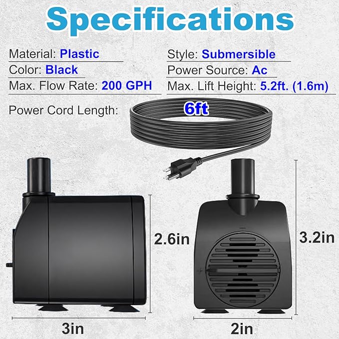 Submersible Water Pump 200GPH 5.2ft. High Lift for Fountains | Ultra Quiet, Over Heating Protection, Perfect for Outdoor Fountain, Hydroponics, Small Pond, Aquarium, Fish Tank