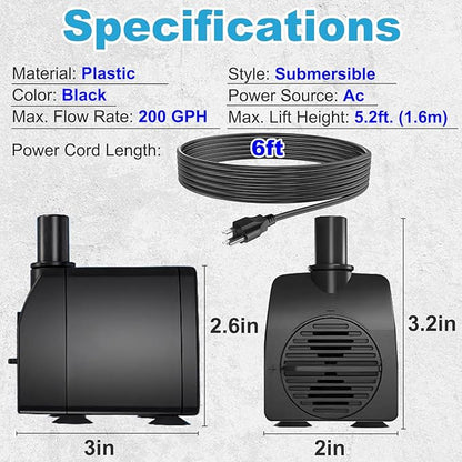 Submersible Water Pump 200GPH 5.2ft. High Lift for Fountains | Ultra Quiet, Over Heating Protection, Perfect for Outdoor Fountain, Hydroponics, Small Pond, Aquarium, Fish Tank
