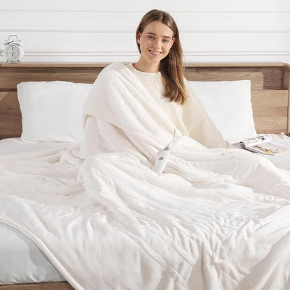 Electric Throw Heated Blanket 50''X60'' - Soft Silky Plush Electric Blanket with 5 Heating Level & 4 Hour Auto Off Heating Blanket, ETL Certified & Machine Washable for Grandma Gifts(Cream White)