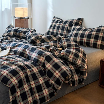 EAVD Vintage Black Plaid Gingham Comforter Set Full Soft 100% Washed Cotton Black&Green&Red Grid Checkered Bedding Set with 2 Pillowcases Farmhouse Retro Plaid Comforter Set for All-Season