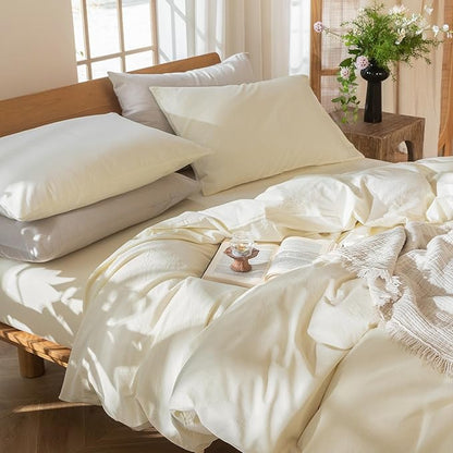 MooMee Bedding Duvet Cover Set 100% Washed Cotton Linen Like Textured Breathable Durable Soft Comfy (Solid Cream White, Oversized King Plus 128"x120")