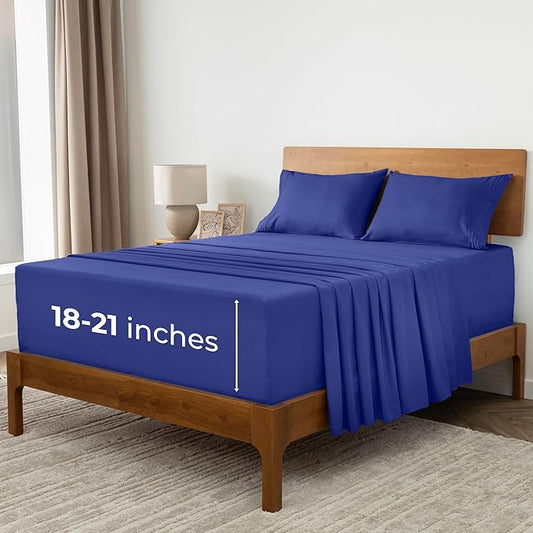 Mellanni Extra Deep Queen Sheets - 4 PC Iconic Collection Bedding - Hotel Luxury, Ultra Soft, Cooling Bed Sheets - Wrinkle, Fade, Stain Resistant (Queen, Royal Blue)
