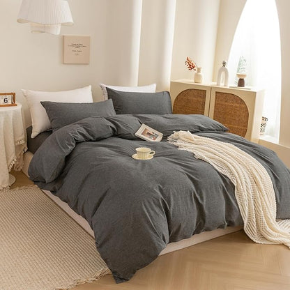 ECOCOTT Duvet Cover Set, 100% Washed Cotton Linen-Like Textured Soft & Breathable, Durable Comfy Bedding Set for All Seasons (Grey, California King)