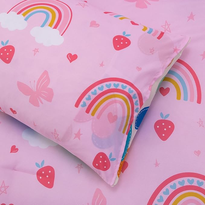 Btargot Lightweight Soft 3 Piece Rainbow Comforter Set with 2 Pillow Covers, Cartoon Butterfly Leaves Flowers Bedding Set for Girls Boys Kids, Twin Pink