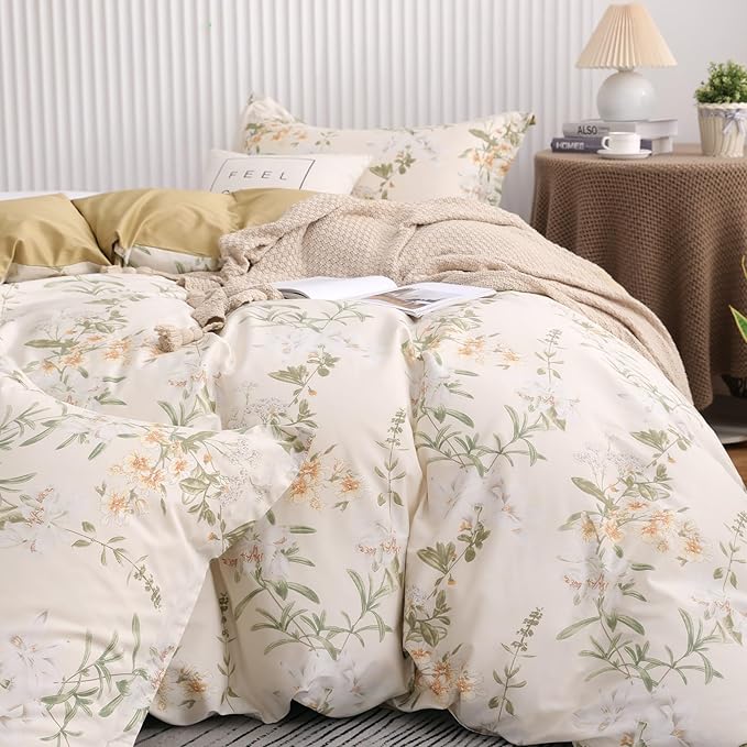 OAITE Duvet Cover Set Queen Size Floral Pattern 600 Thread Count Ultra Soft 100% Long Staple Cotton Duvet Cover Sets 3-PC, Breathable Duvet Cover with Zipper Closure & Corner Ties