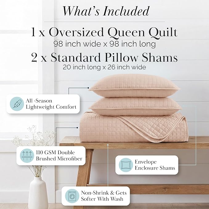 Southshore Fine Living, Inc. Full/Queen Quilt Set, Stitched Full Size with 2 Matching Pillow Shams, Lightweight Quilt Coverlet, Easy Care Machine Washable Queen Size Quilt Bedspread, Blush