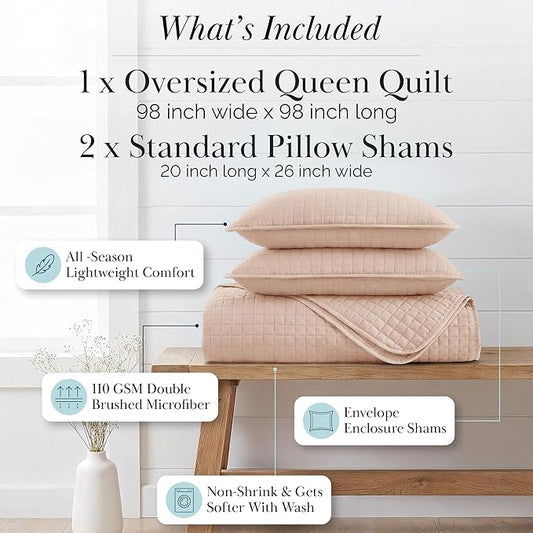 Southshore Fine Living, Inc. Full/Queen Quilt Set, Stitched Full Size with 2 Matching Pillow Shams, Lightweight Quilt Coverlet, Easy Care Machine Washable Queen Size Quilt Bedspread, Blush
