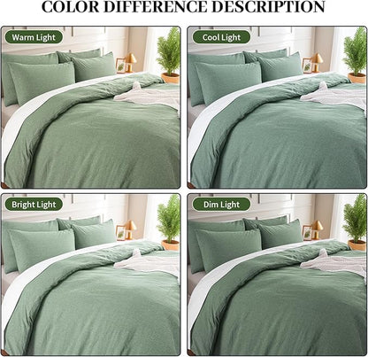 NEXHOME PRO Duvet Cover Full 100% Washed Cotton, Organic Natural Linen Like Textured, Breathable, Durable, Home Bedding Set, Heathered Green 8090