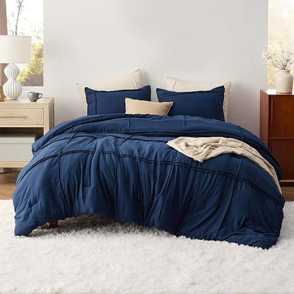 Bedsure Full Comforter Set with Sheet - 4 Pieces Soft Navy Blue Bedding, Grid Pinch Pleat, All Season Lightweight Fluffy Bed Set with Solid Boho Comforter, Pillowcases & Sheet