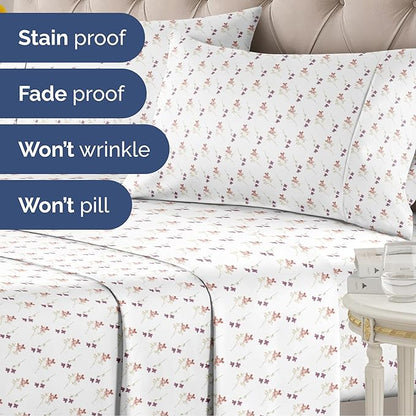 Floral Sheets - Pink & Purple Floral Bed Sheet Set - 1 Flat, 1 Fitted & 2 Pillowcases w/ Deep Pockets - Comfy, Wrinkle & Fade Free - Boho Botanical Bedding - Soft, Breathable & Cooling - Full Size Set
