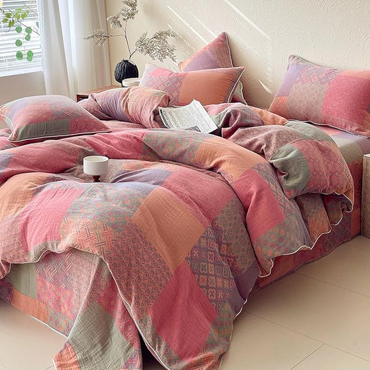 mixinni 100% Cotton Double Layer Yarn Duvet Cover Set, Vintage Patchwork Floral Jacquard Textured Comforter Cover, Reversible Boho Bedding Set with Pillowcases for All Season-King Size