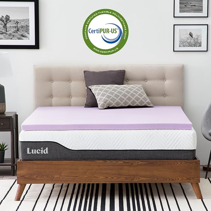 Lucid 2 Inch Lavender Memory Foam Mattress Topper, Twin XL Size – Essential Oil Infusion – Plush Feel, Pressure-Relieving Bed Topper – Ventilated and Breathable – CertiPur Certified