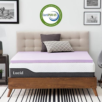 Lucid 2 Inch Lavender Memory Foam Mattress Topper, Twin XL Size – Essential Oil Infusion – Plush Feel, Pressure-Relieving Bed Topper – Ventilated and Breathable – CertiPur Certified
