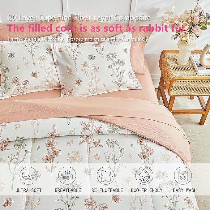 AIKASY Bed in a Bag 6 Pieces - Floral Print - Soft Microfiber, Reversible Bed Comforter Set (1 Comforter, 2 Pillow Shams, 1 Flat Sheet, 1 Fitted Sheet, 1 Pillowcases) (Sea Green, Twin)