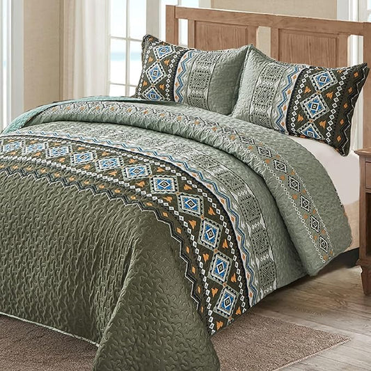 WONGS BEDDING Green Boho Quilt Set Full,3 PCS Fall Quilt Bedspread Lightweight Geometry Printed Coverlet Set with 2 Pillowcase,Soft Bohemian Bedding Set 78"×90"