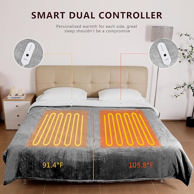ESTINGO Electric Blanket Queen Size, Queen Heated Blanket Dual Control with 5 Heating Levels & 10 Hours Auto Off, Machine Washable Plush Heating Blanket 84" x 90", Cool Gray