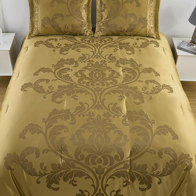 Chezmoi Collection 7-Piece Jacquard Floral Comforter Set (California King, Gold)