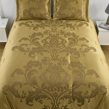 Chezmoi Collection 7-Piece Jacquard Floral Comforter Set (Queen, Gold)