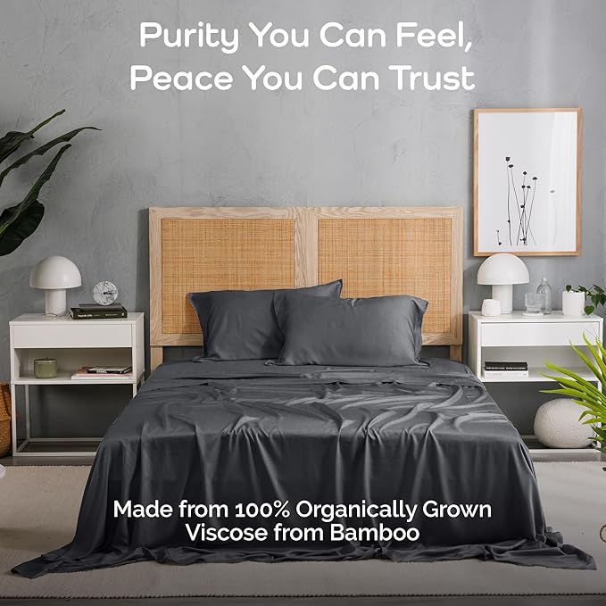 Viscose Bamboo Sheets Queen Size 4PC Set - Cooling Bedding for Hot Sleepers with Moisture Wicking Technology - Silky Soft 18 Inch Deep Pocket - Charcoal 60"x 80"