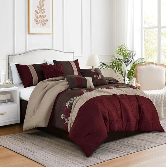 Chezmoi Collection Napa 7-Piece Luxury Leaves Scroll Embroidery Bedding Comforter Set (King, Burgundy/Taupe/Brown)