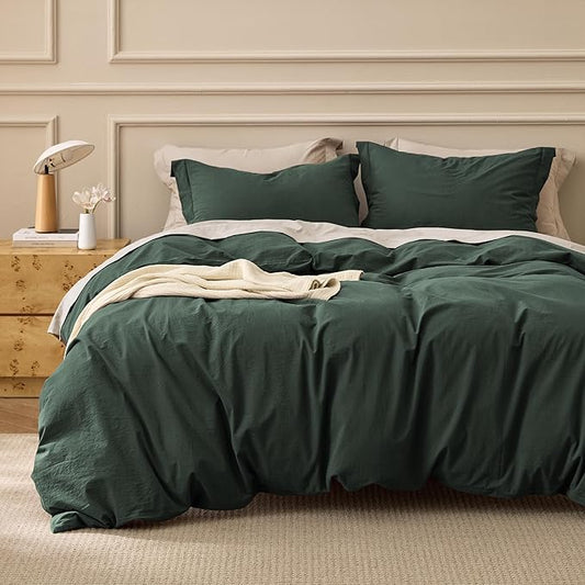 Bedsure 100% Washed Cotton Duvet Cover King Size - Forest Green Minimalist Bedding Set Linen Like - PureWoven Plain Simple & Soft Comforter Cover for All Seasons (Forest Green, King, 104"x90")