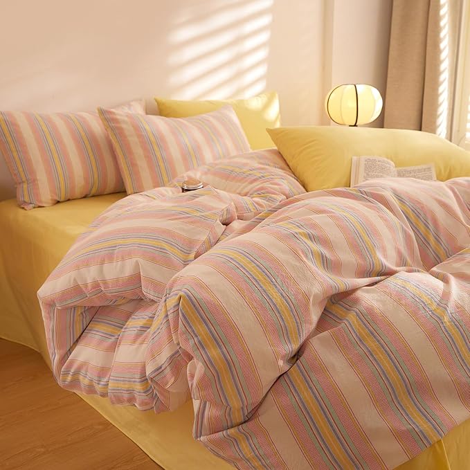 Pink and Yellow Striped XL Twin Comforter Set Fluffy Down Alternative Bedding Set Cute Cozy Washed Cotton Bedroom Bedding Comforter Sets Boho Chic Soft Comfy Bed Comforter with 2 Pillowcases