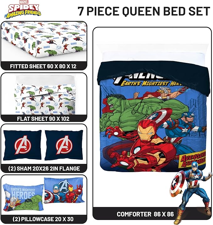 Jay Franco Kids Comforter Set Includes Sheets and Pillow Covers - Soft and Cozy Bed Set for Stylish Room Decor, Official Licensed Bedding, Blue - Avengers, 7 Piece Queen