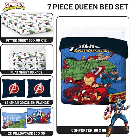 Jay Franco Kids Comforter Set Includes Sheets and Pillow Covers - Soft and Cozy Bed Set for Stylish Room Decor, Official Licensed Bedding, Blue - Avengers, 7 Piece Queen