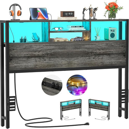 Aheaplus Headboard for Full Size Bed with Storage, Headboards with Outlets | Full Size Head Board Only, with USB Ports and LED Light, Height Adjustable, Reversible, Sturdy & Stable Headboard, Black Oak