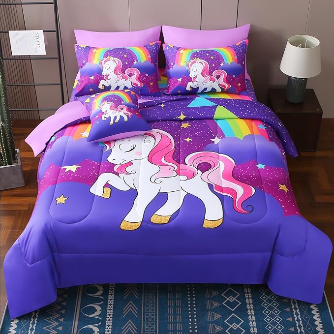 JQinHome Unicorn Queen Bedding Sets for Girls Kids,8 Piece Bed in A Bag 3D Purple Rainbow Theme Unicorn Comforter Set with Sheet Set(Rainbow)