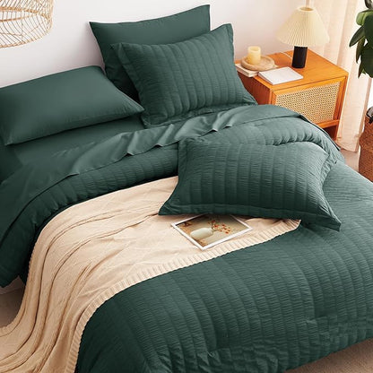 CozyLux Oversized King Comforter Set Forest Green Seersucker 7 Pieces 120x98 Bed in a Bag Comforter Set with Sheets, Luxury Bedding Sets with Down Alternative Comforter, Sheets, Pillowcases & Shams