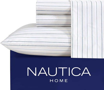 Nautica - Queen Sheets, Premium Cotton Percale Bedding Set, Striped Home Decor, Oeko-Tex Certified (Beaux Stripe Blue, Queen)