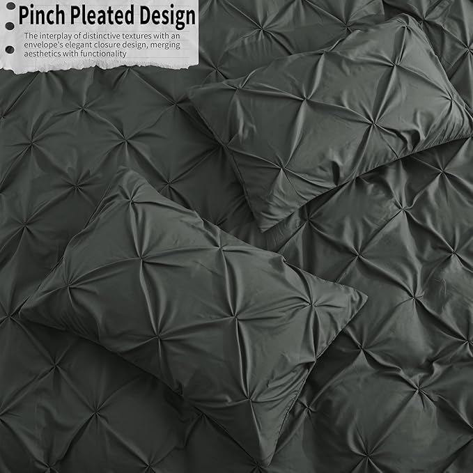VACVELT 5 Piece Pinch Pleated Duvet Cover Full/Queen Size Set, Charcoal Black Pintuck Duvet Cover with Zipper & 8 Ties, Shabby Chic Microfiber + 2 Pillow Shams + 2 Pillowcases, No Comforter
