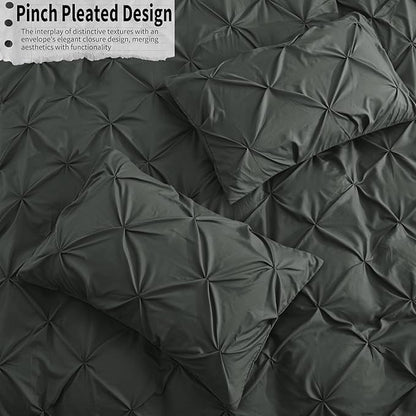 VACVELT 5 Piece Pinch Pleated Duvet Cover Full/Queen Size Set, Charcoal Black Pintuck Duvet Cover with Zipper & 8 Ties, Shabby Chic Microfiber + 2 Pillow Shams + 2 Pillowcases, No Comforter