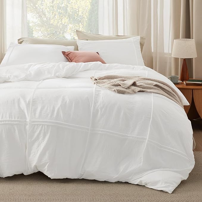 Bedsure Grid Boho Duvet Cover Queen Size - Shabby Chic Tufted Boho Bedding Set, 3 Pieces Shabby Chic Home Bedding for All Seasons, Includes 1 Queen Duvet Cover & 2 Pillowcases (White, 90" x 90")