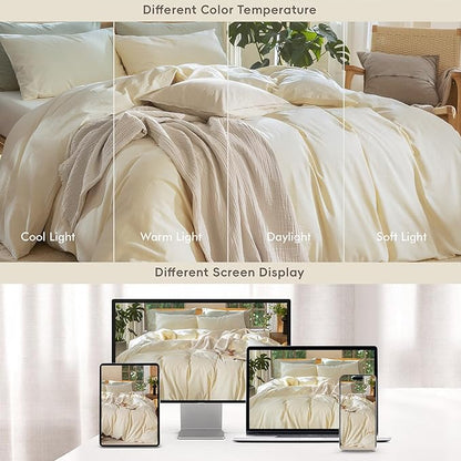 MooMee Bedding Duvet Cover Set 100% Washed Cotton Linen Like Textured Breathable Durable Soft Comfy (Solid Cream, Super King 108"x90")