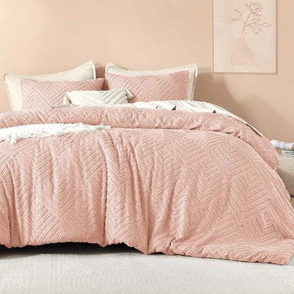 Litanika Blush Pink King Size Comforter Set, 3 Pieces Tufted Boho Farmhouse Bedding Comforter Sets, Lightweight Fluffy Comforter Bed Set for All Season (104x90In Comforter and 2 Pillowcases)