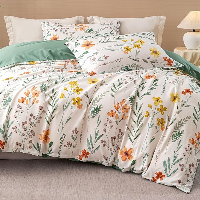 OAITE Duvet Cover Set King Size Floral Pattern Ultra Soft 100% Cotton Duvet Cover Sets 3-PC, Breathable Duvet Cover with Zipper Closure & Corner Ties(2 Pillow Shams,1 Duvet Cover)