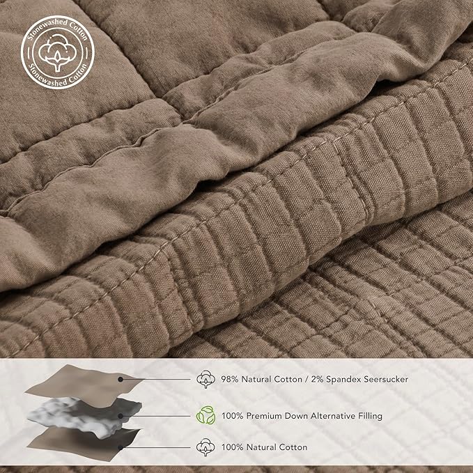 EVERGRACEHOME Stonewashed Cotton Quilt Set King Size, Ultra Soft Oversized Bedspread Coverlet Set, Lightweight Crinkle Box Stitch Bedding Sets for All Season, with 2 Shams, Mocha Brown