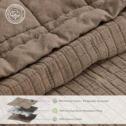 EVERGRACEHOME Stonewashed Cotton Quilt Set Full Queen Size, Ultra Soft Oversized Bedspread Coverlet Set, Lightweight Crinkle Box Stitch Bedding Sets for All Season, with 2 Shams, Mocha Brown